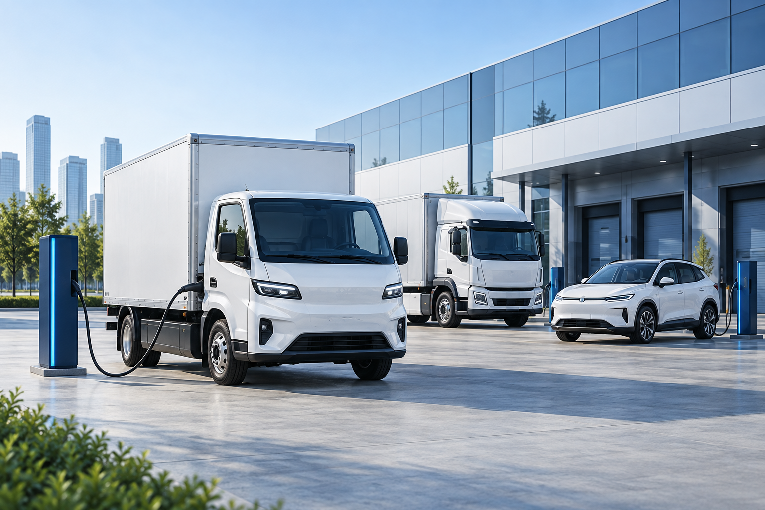 Illustrative electric commercial trucks and passenger vehicle at a charging depot